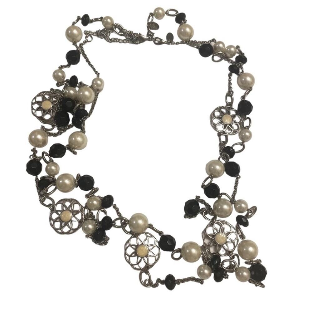 Lia Sophia Black Bead & Faux Pearl Silver‑Tone Double Necklace Adjustable GUC